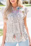 Embroidered Printed Flutter Sleeve Blouse