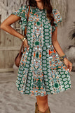 Printed Round Neck Flutter Sleeve Dress