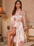 Floral Tie Waist Long Sleeve Robe