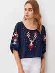 Embroidered Round Neck Flounce Sleeve Blouse