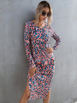 Leopard Twisted Slit Long Sleeve Dress