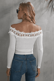 Off-Shoulder Lace Trim Ribbed Tee