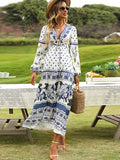 Printed Drawstring Balloon Sleeve Dress