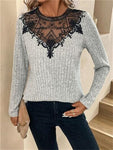 Lace Detail Ribbed Long Sleeve Knit Top
