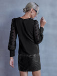 Swiss Dot Lantern Sleeve Round Neck Blouse