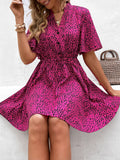 Printed Drawstring Waist Flutter Sleeve Dress