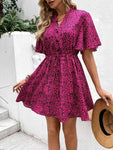Printed Drawstring Waist Flutter Sleeve Dress
