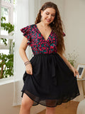 Plus Size Floral Surplice Neck Flutter Sleeve Dress