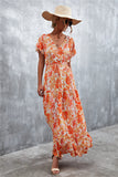 Floral Buttoned Drawstring Waist Tiered Flutter Sleeves Midi Dress