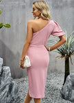 Twist Front One-Shoulder Puff Sleeve Dress