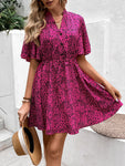 Printed Drawstring Waist Flutter Sleeve Dress