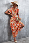 Floral Buttoned Drawstring Waist Tiered Flutter Sleeves Midi Dress