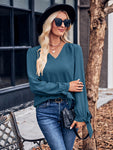 V-Neck Tie Cuff Puff Sleeve Blouse