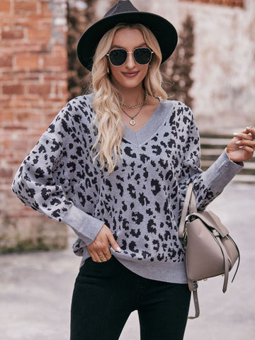 Leopard V-Neck Dropped Shoulder Top