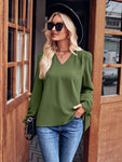 V-Neck Tie Cuff Puff Sleeve Blouse