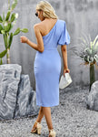 Twist Front One-Shoulder Puff Sleeve Dress