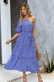 Printed One-Shoulder Tie Belt Maxi Dress