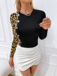 Leopard Print Round Neck Buttoned Tee