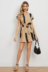 Contrast Tie Belt Notched Dress