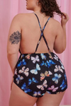Plus Butterfly Print & Lace Criss Cross Backless Bodysuit