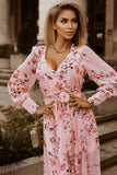 Floral Tie Belt Bishop Sleeve Slit Maxi Dress