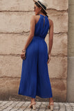 Accordion Pleated Belted Grecian Neck Sleeveless Jumpsuit