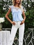 Lace Trim Openwork Cap Sleeve Blouse