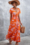 Floral Buttoned Drawstring Waist Tiered Flutter Sleeves Midi Dress