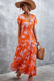 Floral Buttoned Drawstring Waist Tiered Flutter Sleeves Midi Dress