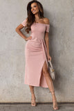 Classy Off-Shoulder Short Sleeve Split Midi Dress