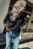 Half Button Spliced Lace Waffle-Knit Top