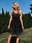 Tie Belt Surplice Spaghetti Strap Layered Dress