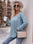 Pleated Detail Curved Hem Long Sleeve Top