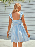 Striped Smocked Ruffle-Shoulder Sleeveless Dress